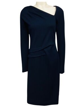 J. MENDEL NAVY BLUE / BLACK LAMB LEATHER TRIMMED CASHMERE MIDI DRESS